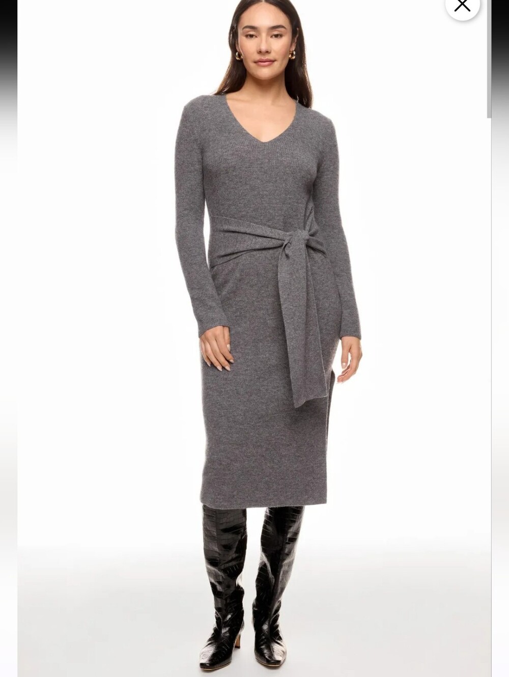 Toccin Gray Sweater Rib Knit Tie Front Wool Midi Dress Size S
